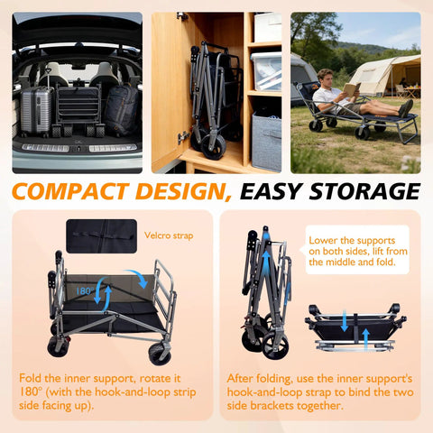 Heavy Duty Folding Wagon Cart With 660 Lb Capacity, 3 In 1 Reclining Camping Wagon, in various folding positions for easy storage.