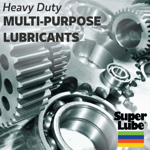 Gears and bearings with text 'Heavy Duty Multi-Purpose Lubricants' and Super Lube logo in foreground of image.