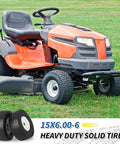 Flat Free Lawn Mower Tire And Wheel Set For Riding Mowers 15x6.00-6 15x6-6 NHS installed on orange lawn tractor