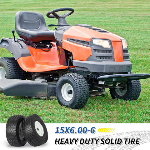 Flat Free Lawn Mower Tire And Wheel Set For Riding Mowers 15x6.00-6 15x6-6 NHS installed on orange lawn tractor