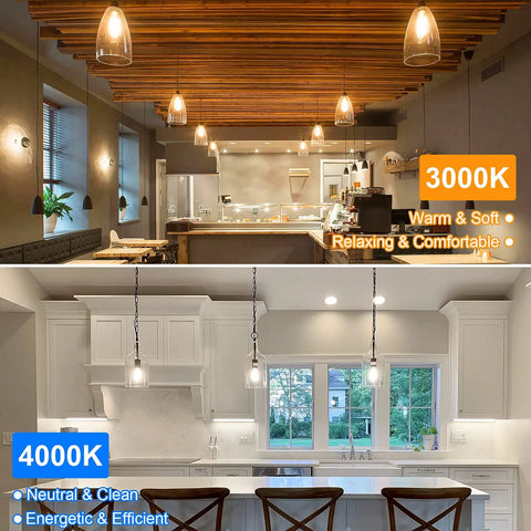 Warm white 3000K vintage LED Edison bulbs illuminating a cozy dining area.