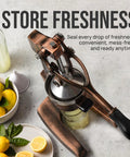 Heavy Duty Cast Iron Citrus Juicer Press Squeezes Every Last Drop Of Fresh Juice With Detachable Strainers for easy cleaning.