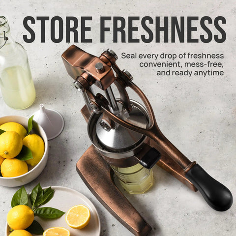 Heavy Duty Cast Iron Citrus Juicer Press Squeezes Every Last Drop Of Fresh Juice With Detachable Strainers for easy cleaning.
