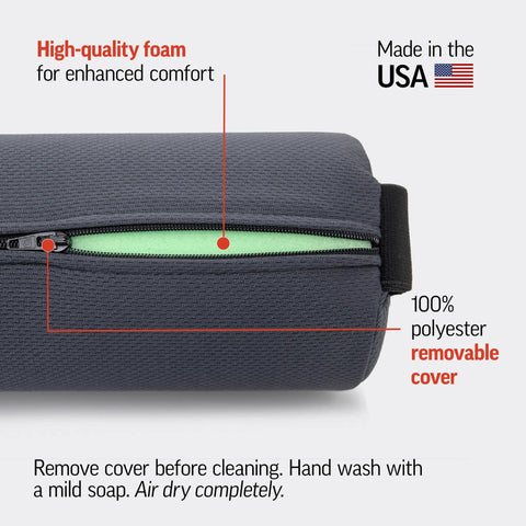 Get The Original McKenzie Early Compliance Lumbar Roll, A Smaller Ergonomic Back Support Pillow With Strap For Proper Spine Alignment showing removable cover and high-quality foam.