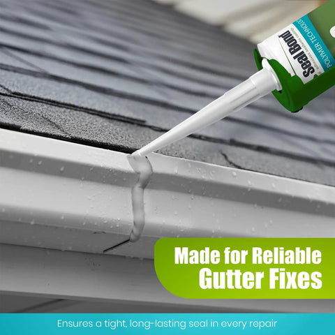 Gutter Sealant For Aluminum Gray And White, Durable Professional Grade Sealant For Gutters, Seams, And Downspouts, No Shrinkage With 100 Percent Solids Hybrid Polymer For Residential And Commercial Use applied to a gutter seam.