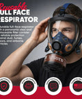 Man wearing Full Face Respirator Mask with Anti Fog Seal Heavy Duty Air Filtration For Particulates And Vapors 40mm Filter Canister