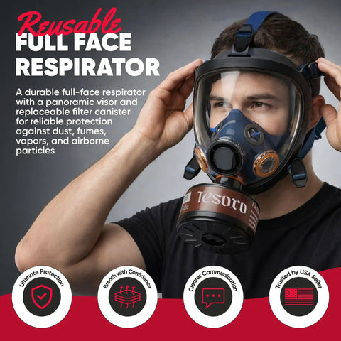 Man wearing Full Face Respirator Mask with Anti Fog Seal Heavy Duty Air Filtration For Particulates And Vapors 40mm Filter Canister