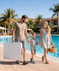 Family carrying 6 Foot Folding Table With Carrying Handle, Heavy Duty Steel Frame, 1.35 Inch Thick HDPE Top by a poolside.