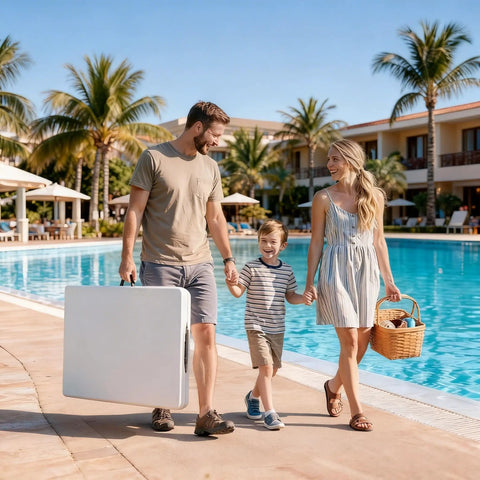 Family carrying 6 Foot Folding Table With Carrying Handle, Heavy Duty Steel Frame, 1.35 Inch Thick HDPE Top by a poolside.