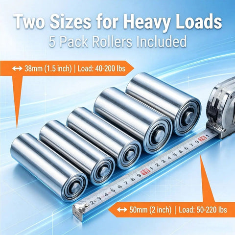 Heavy Duty Conveyor Roller 1.5 Inch Diameter, 18 Inch Length, Galvanized End Silver, 5-pack stainless steel rollers with tape measure