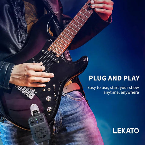 Person playing electric guitar with Mini 5W Electric Guitar Amp With Bluetooth attached, showcasing portable practice capability.