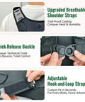 Close-up of Hydration Pack With 2L Water Bladder, Lightweight 600D Running Backpack showing straps, buckle, and hook-and-loop system.