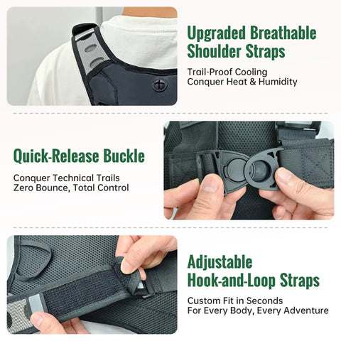 Close-up of Hydration Pack With 2L Water Bladder, Lightweight 600D Running Backpack showing straps, buckle, and hook-and-loop system.