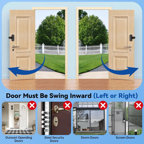 Anti Theft Video Doorbell Mount With No Drill Adjustable Bracket And Waterproof Cover, Keeps Sensor Clear, Apartment Door Camera Mount For Inward Swinging Doors, Compatible With Orbitell SnapGlow BITEPASS SearByte KyraNexo ElioVana. Inward-opening door diagram