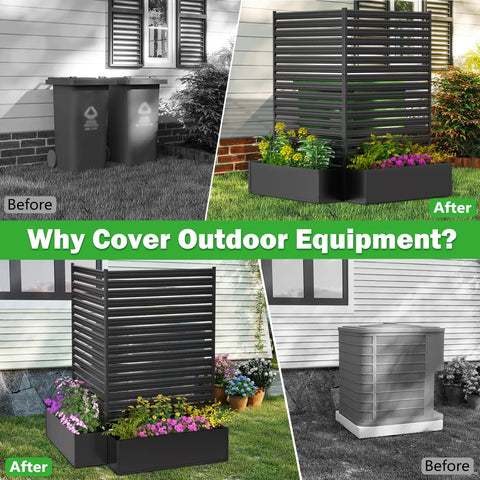 No-Dig Metal Patio Privacy Fence Screen With Planter Box For Outdoors, 73.8 In H By 45.3 In W, Rustproof Air Conditioner Fence Enclosure, Easy Tool-Free Setup
