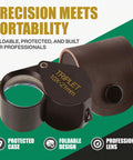 10x21 Triplet Professional Loupe with leather case showcasing foldable design for precise inspection