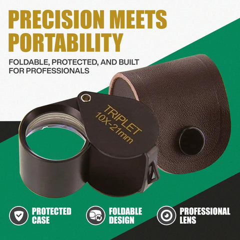10x21 Triplet Professional Loupe with leather case showcasing foldable design for precise inspection