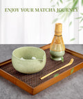 Matcha Whisk Set With Ceramic Bowl And All The Goods, Includes Bamboo Chasen, Holder Stand, Scoop on wooden tray, mottled green