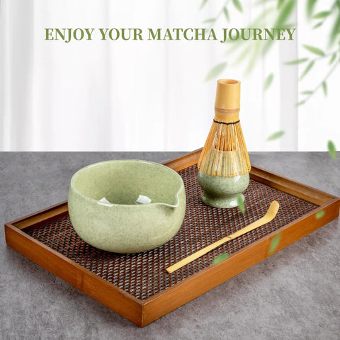 Matcha Whisk Set With Ceramic Bowl And All The Goods, Includes Bamboo Chasen, Holder Stand, Scoop on wooden tray, mottled green