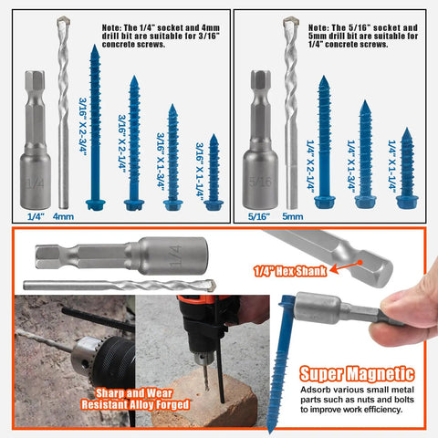 Beefed-Up Concrete Screws Kit With Drill Bits And Driver Bits, 200-Piece Set Of Hex Head Anchors In 7 Sizes, shown with drill and masonry use.