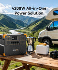 Rock Solid Portable Power Station E3800 LiFePO4 Battery Backup 3840Wh 4200W Power at campsite with RV and mountain view