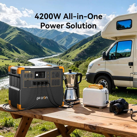 Rock Solid Portable Power Station E3800 LiFePO4 Battery Backup 3840Wh 4200W Power at campsite with RV and mountain view