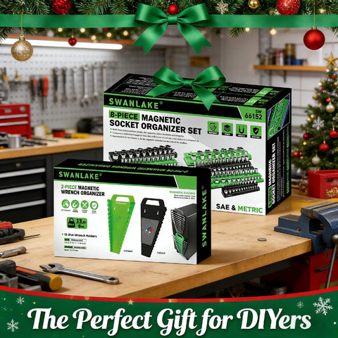8-Piece Magnetic Socket Organizer displayed on workbench with holiday decor; garage backdrop; boxed set packaging visible.