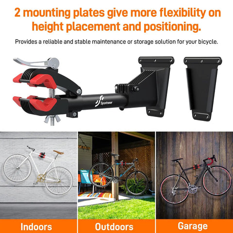 360 Degree Rotating Bike Repair Stand with wall mount, removable clamp, dual plates, shown in indoor, outdoor, and garage settings.