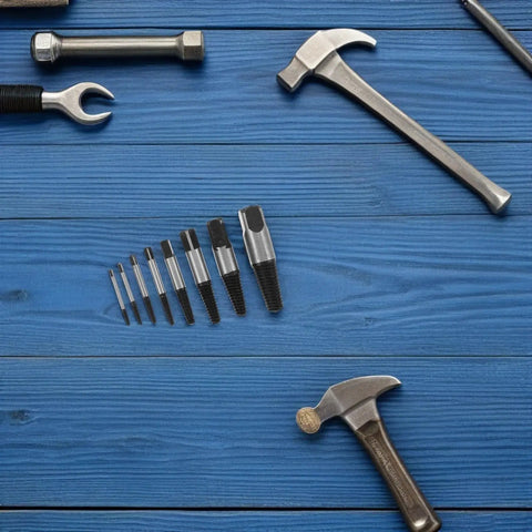 Ultimate 8 Piece Broken Screw Extractor Kit For Removing Stripped Bolts And Nuts From Pipes Furniture Or Appliances Made Of Durable Steel Tough Gear Tool Set, 8-piece steel extractors on blue wood