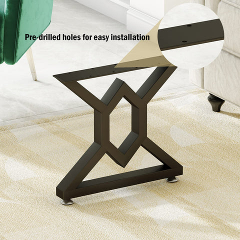 Beefy 28 Inch Metal Table Legs Set of 2 Cast Iron X Shaped, pre-drilled holes detail, in room setting, Industrial Modern Style