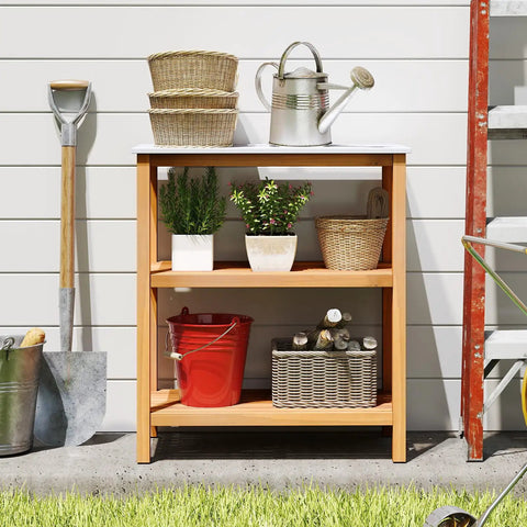 Outdoor Wooden Sideboard With Marble Look Countertop And Three Tier Acacia Buffet Organizer For Patio Yard Ready Potting Bench And Plant Stand