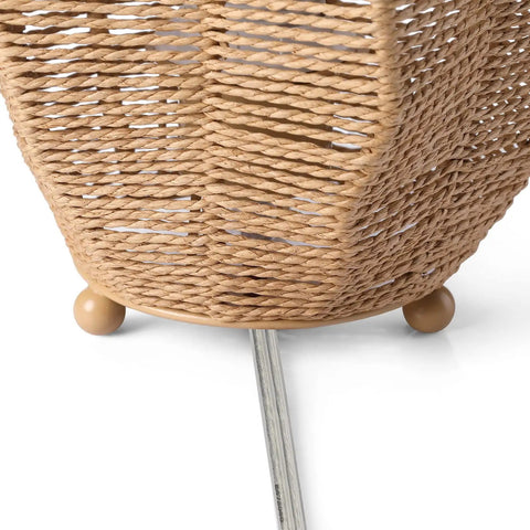 Close-up of beige woven texture base of Rattan Woven Side Table Lamp For Boho Coastal Living Room And Bedroom Handmade Farmhouse Nightstand Lamp