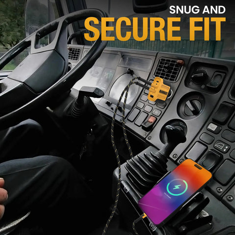 Rugged Four Port Usb C Car Charger Delivers Dead Serious 60W Fast Charging For Android Smartphones With A Gutsy Cigarette Lighter Adapter That Makes Highway Drives A Breeze, plugged into a truck's dashboard.