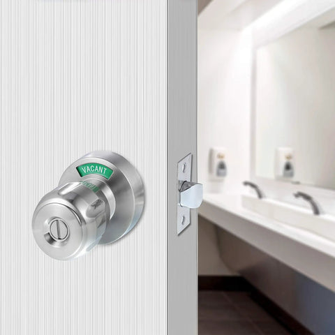 Privacy Door Knob Lock With Large Indicator Window, Thumb Turn, ANSI Grade 2, shown on bathroom door with green Vacant display