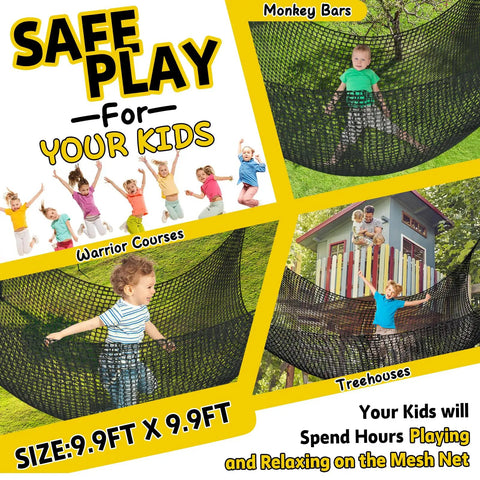 Climbing Net For Kids Double Layer Heavy Duty Backyard Playground Safety Net 9.9 Feet By 9.9 Feet in use by children outdoors