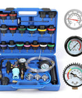 Hella Reliable Garage Ready Coolant Pressure Tester Kit And Vacuum Refill Tool Set With 31 Pieces in blue carrying case with tools.