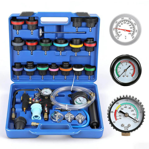 Hella Reliable Garage Ready Coolant Pressure Tester Kit And Vacuum Refill Tool Set With 31 Pieces in blue carrying case with tools.