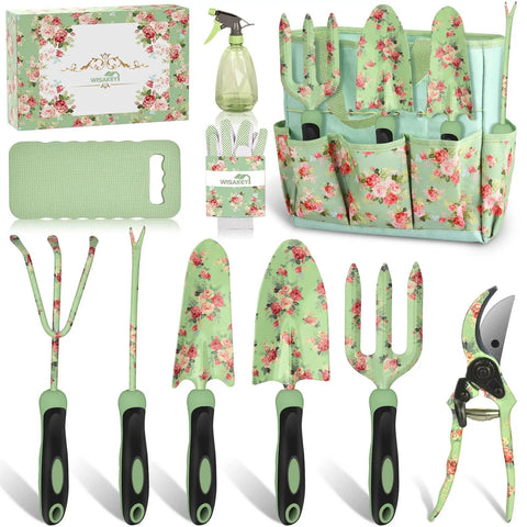 floral garden tools set 10 Piece Floral Design Garden Tools Set With Tote Bag And Knee Pad Includes Hand Rake Weeder Transplanter Trowel Pruning Shears Garden Trowel Gloves