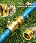 Durable Garden Hose Repair Kit For 3/4 And 5/8 Inch Hoses With Rust Resistant Aluminum Male Female Connectors, Stainless Steel Clamps And Extra Washers To Fix Leaks Fast On Faucets Or Sprinklers. Hose repair fittings on blue hose with clamps