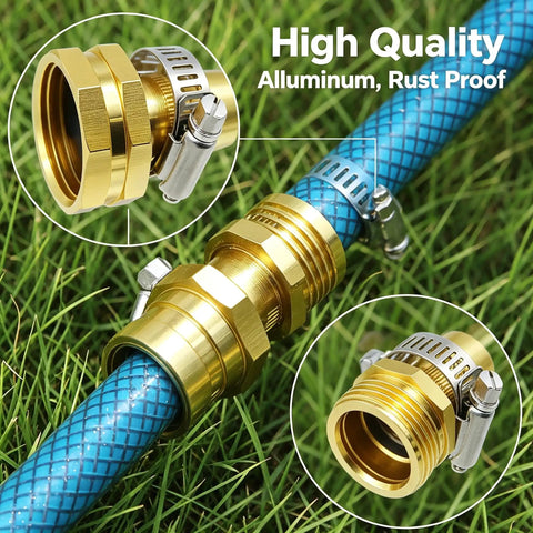 Durable Garden Hose Repair Kit For 3/4 And 5/8 Inch Hoses With Rust Resistant Aluminum Male Female Connectors, Stainless Steel Clamps And Extra Washers To Fix Leaks Fast On Faucets Or Sprinklers. Hose repair fittings on blue hose with clamps