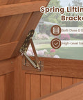 Close-up of spring lifting bracket in Wood Deck Storage Box 52 Gallon For Patio Cushions And Pillows Garden Tools Pool Accessories.