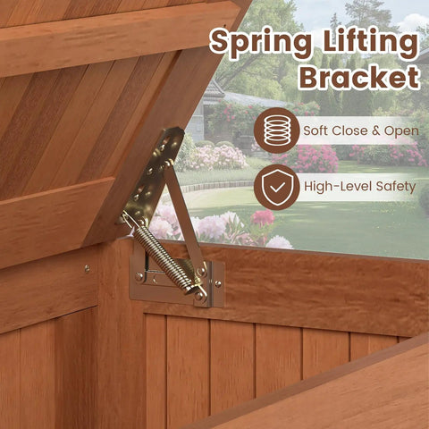 Close-up of spring lifting bracket in Wood Deck Storage Box 52 Gallon For Patio Cushions And Pillows Garden Tools Pool Accessories.