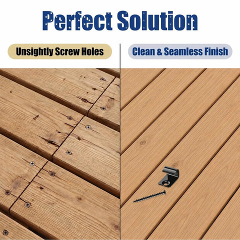 Top Tier Stainless Steel Hidden Deck Starter Clips 50 Pack With Star Drive Screws For Smooth Composite Decking Layout showing before and after images.