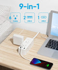 Ultra Slim Power Strip With Five Foot Extension Cord, Six Outlets, Two USB A Ports, And One USB C Port, 9-In-One, on desk with laptop