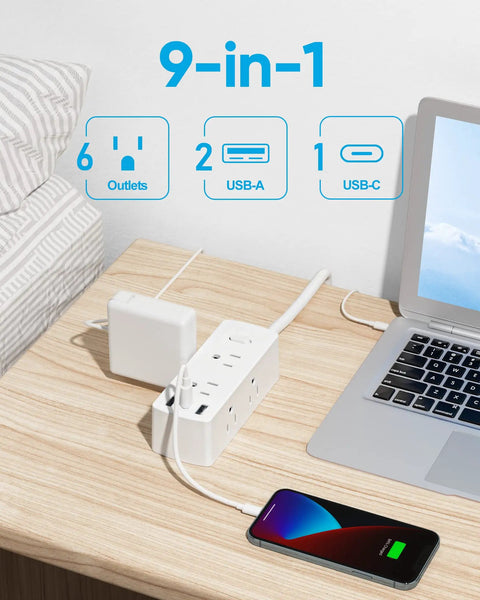 Ultra Slim Power Strip With Five Foot Extension Cord, Six Outlets, Two USB A Ports, And One USB C Port, 9-In-One, on desk with laptop