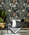 Dark Green Boho Peel and Stick Wallpaper Removable Floral Botanical Print for Bathrooms and Living Spaces Renter Friendly