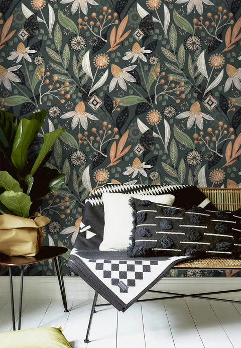 Dark Green Boho Peel and Stick Wallpaper Removable Floral Botanical Print for Bathrooms and Living Spaces Renter Friendly
