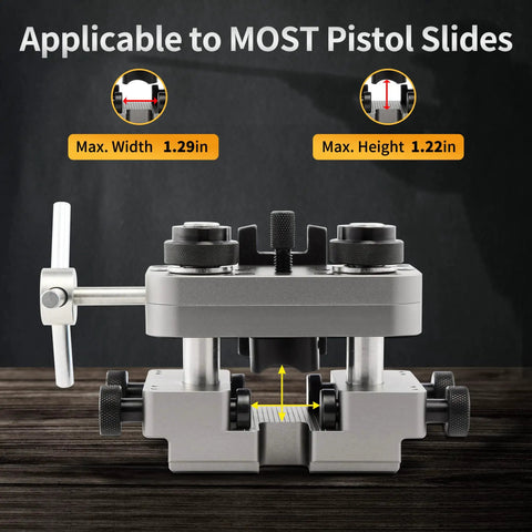 Heavy Duty Iron Sight Pusher Tool For Slick Micro Tweaks On Dovetail Slots With Secure Side Clamps And Smooth Steel Drive Screw built for adjusting pistol slides.