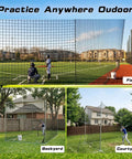 Baseball And Softball Batting Net 26x16.5ft Replacement For Backyard Batting Cage Practice, shown in field, backyard, and courtyard