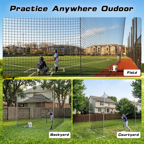 Baseball And Softball Batting Net 26x16.5ft Replacement For Backyard Batting Cage Practice, shown in field, backyard, and courtyard